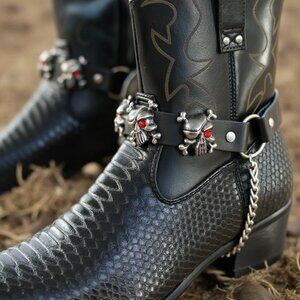 New Men Biker Boots Bracelets Chain Black Faux Leather Pair Straps Silver Skull